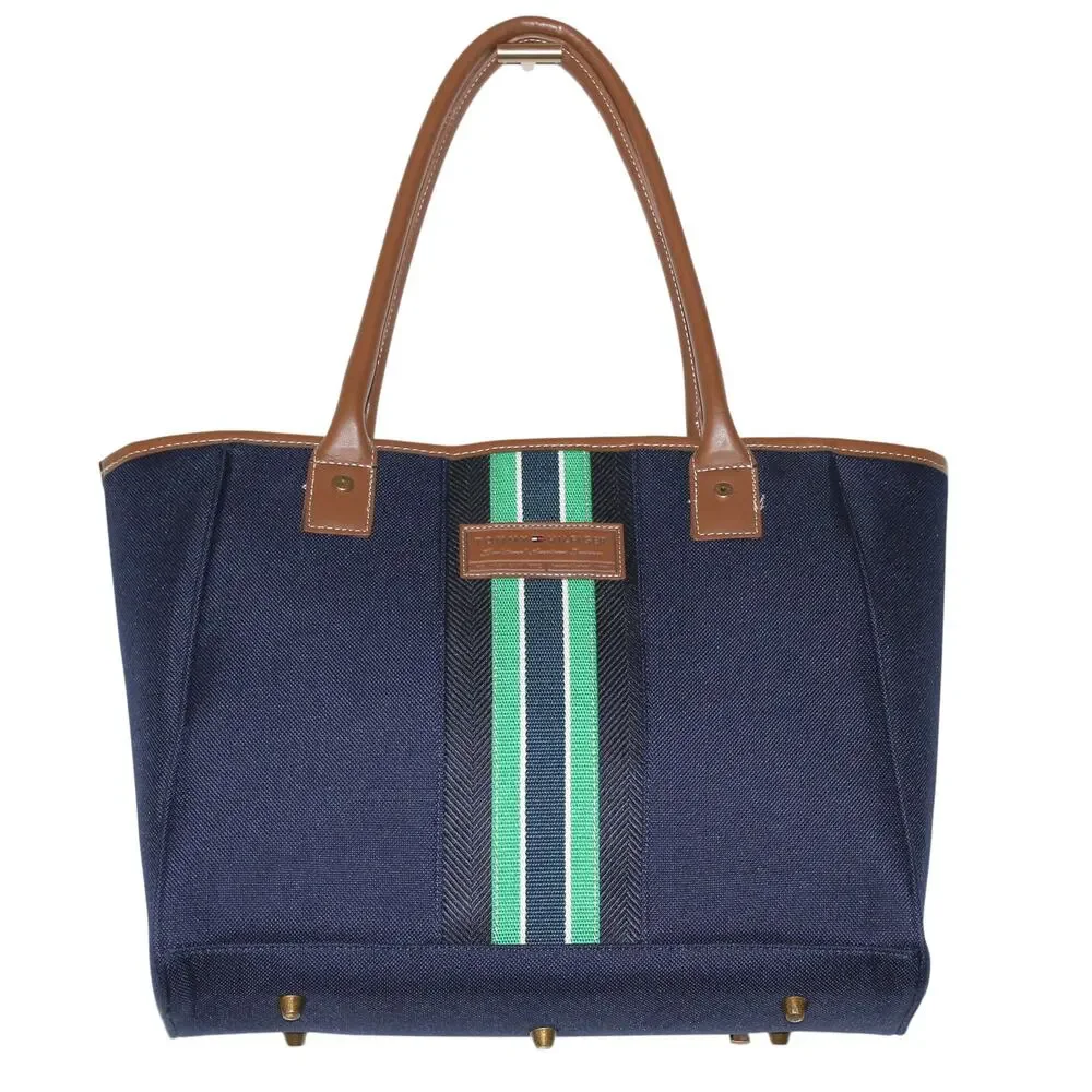 Tommy Hilfiger Navy Blue Green Stripe Tote Bag